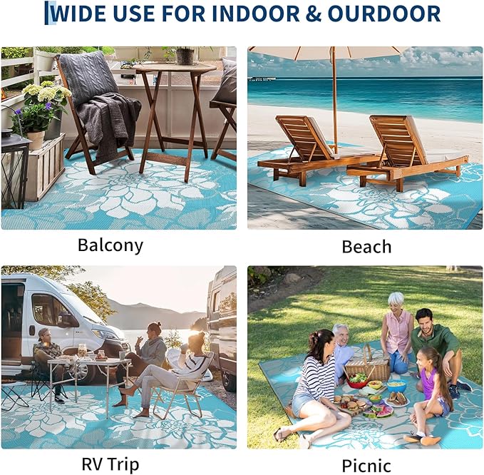 Waterproof Plastic Straw Rug 8x10 Reversible Outdoor Rug, Weather Resistant Outside Carpet, Portable RV Camping Mat with Carry Bag & Stakes for Patio Porch Garden Yard, Blue
