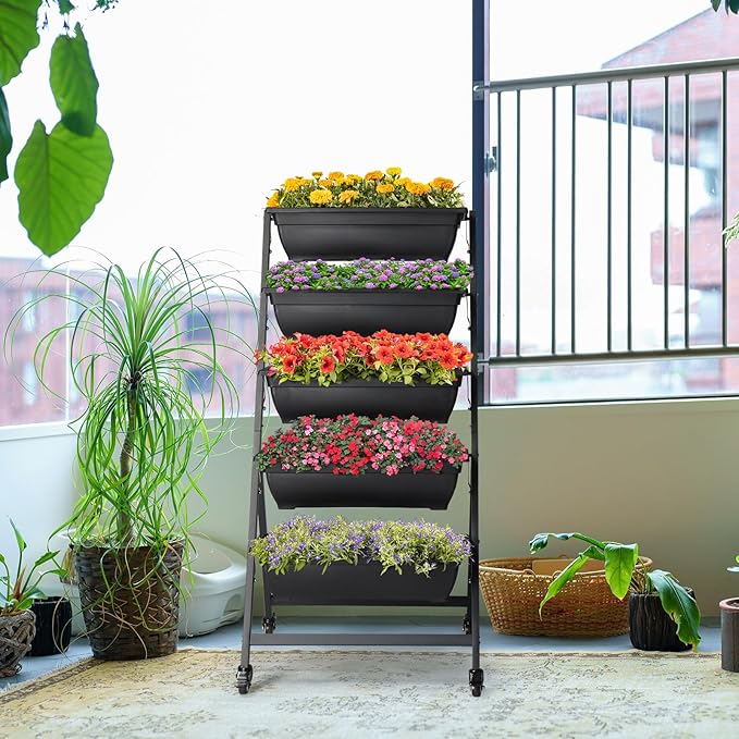 5 Tier Metal Vertical Raised Garden Bed,Tiered Planter Stand with Wheels,Vertical Garden Planter for Indoor & Outdoor,Vegetable Flower Raised Stand,for Patio Balcony Lawn Porch Yard (Black)