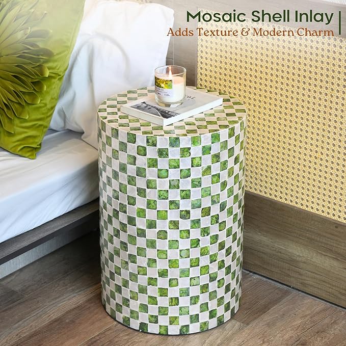 19.7β Checkered Capiz Shells Drum End Table, Decorative Cylinder Side Table & Garden Stool, Round Pedestal Accent Table for Living Room, Bedroom, Indoor & Outdoor (Pistachio Green)