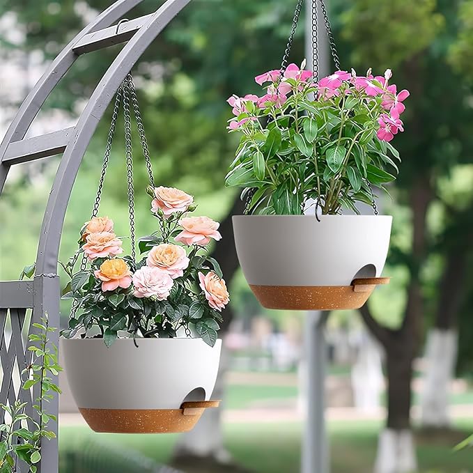 Set of 3-10 Inch Self Watering Hanging Planters for Indoor Outdoor,Hanging Plant Pots with Drainage & Removable Tray, Hanging Pots Holder for Pothos Plant, Ferns, Balcony & Patio,White with Brown