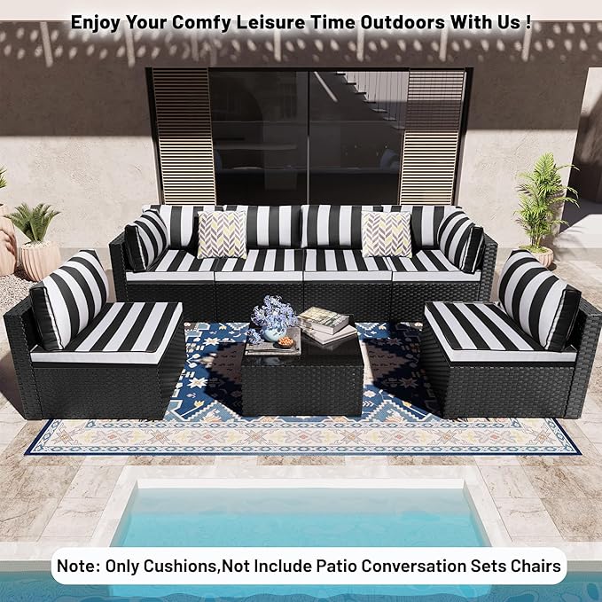 14 Piece Outdoor Sectional Cushions, Water-Resistant Outdoor Sofa Cushions Replacement, 4" High Density Foam Patio Furniture Cushions Fits 6-seat Rattan Conversation Set (Black White Stripes)