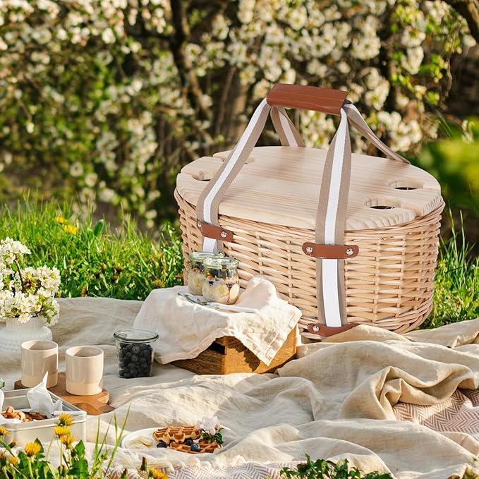 Picnic Basket Set for 4 - Wicker Insulated Picnic Basket with Waterproof Blanket, Folding Wine Picnic Table & Cutlery Kits, Picnic Baskets Kit for Camping, Outdoor, Valentine (Cherry)