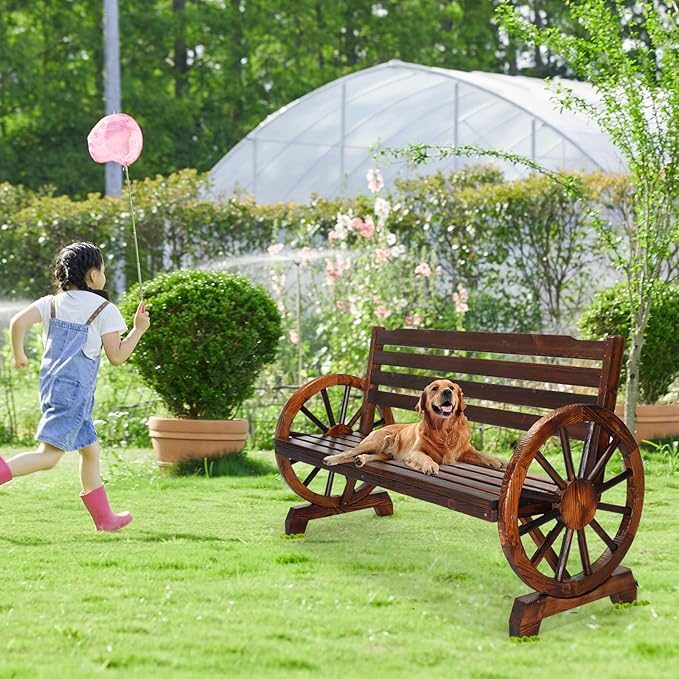VINGLI Outdoor Rustic Wooden Bench with Wagon Wheel Arms, 3 People Outdoor Bench Garden Bench Front Porch Furniture Patio Lawn Yard Park, Indoor and Ourdoor Decor