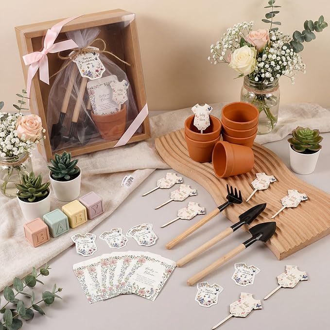 Amyhill 48 Sets Baby in Bloom Baby Shower Favors - Mini Succulent Pots, Seed Packets, Gardening Tools, Organza Bags for Guests Gender Reveal Birthday Party Gifts(Terracotta)