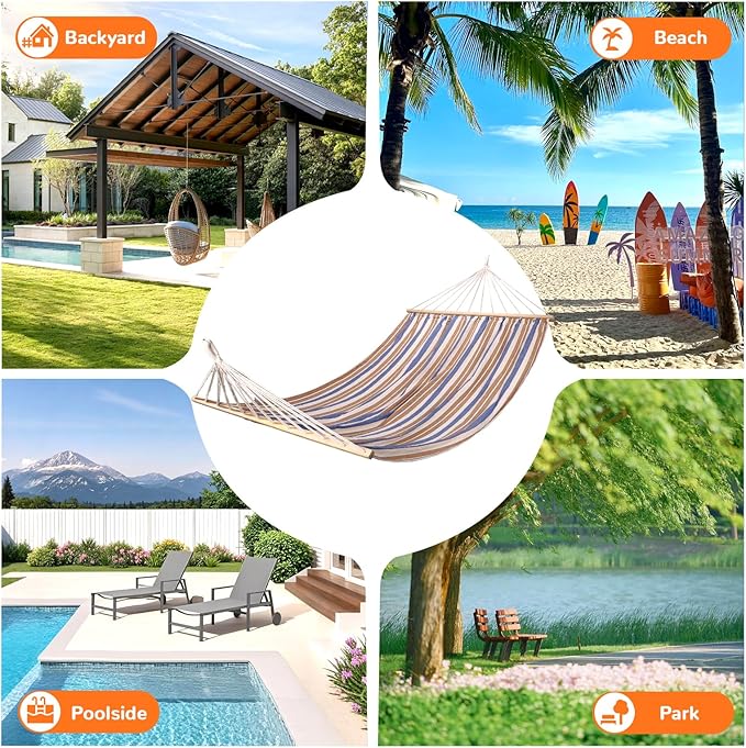Hammock, Portable with Extension Pole, Cotton Rope Double Hammock, 770 lbs Capacity, Suitable for Patio, Backyard, Garden, and Beach (Brown, Blue, and White Stripes)