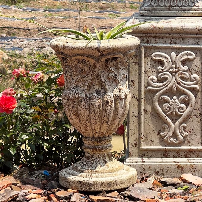 VISIBLE Vintage European Giant Garden Urn Planter, Decorative Cement and Fiber Flower Pot, Make Rust Finished, Wrap Foam Safely Delivered from Local Warehouse (Vintage, Large)