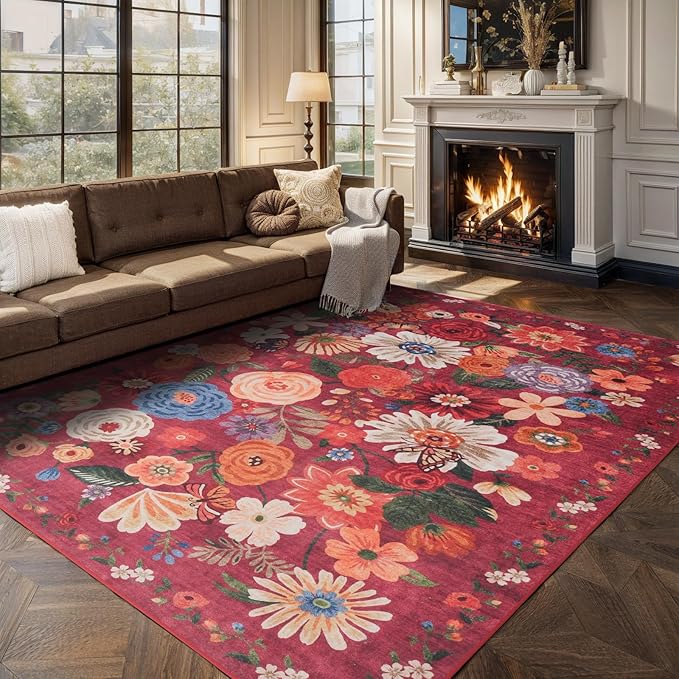 Living Room Rugs, Area Rugs 5x8 Rug for Bedroom Ultra-Thin Soft, Non-Slip Washable Rugs Stain Resistant Boho Rug Low-Pile Throw Rug for Dining Room Office (5 x 8, Red Garden)