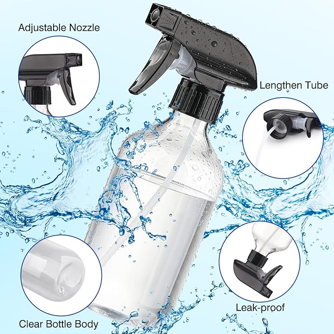 Aeibxiy Plastic Spray Bottles 13.5oz/400ml, Clear 2 Pack Mist Stream Adjustable Water Spray Bottle, BPA-Free, Empty Refillable Container for Hair, Cleaning, Plants, Essential Oils