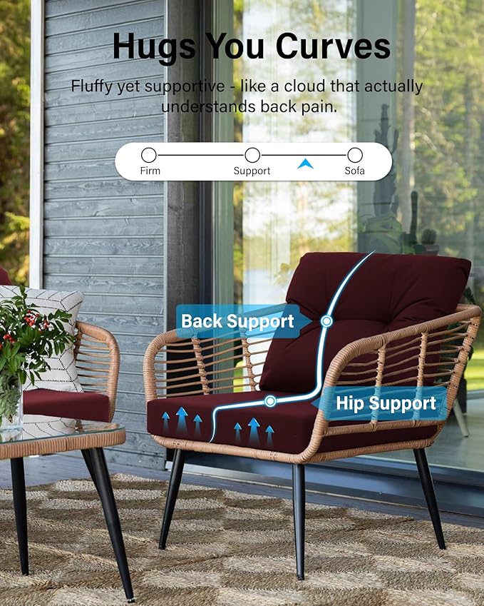 YEFU Olefin Outdoor Chair Cushions: Fade Resistant Outdoor Seat Cushion 24 x 24 - All Weather Patio Furniture Cushion with Ties - Deep Seat Patio Cushions for Chair Sofa Couch(Wine Red)