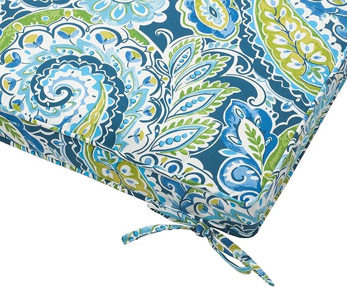 Magpie Fabrics Indoor Outdoor Waterproof Square Chair Cushion, 18" x 18" x 2.5", 2 Pack, Water Resistant Seat Cushions, for Patio Garden Office, Paisley Lapis Green