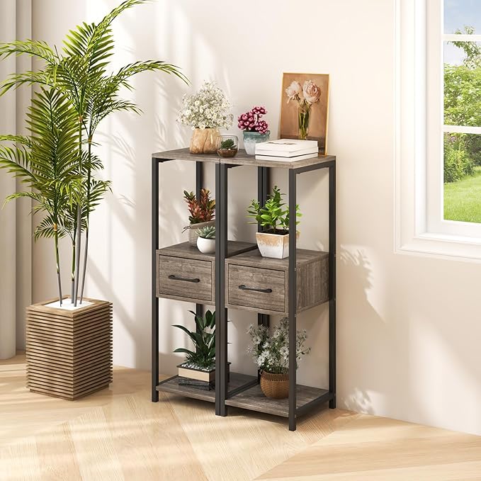 Giantex 3 Tier Tall Plant Stand Indoor, 36 Inch Corner Flower Stand Display Rack Storage Shelf with Drawer & Metal Frame for Multiple Flower Pots, Square Plant Shelf for Balcony, Living Room (1 Pack)