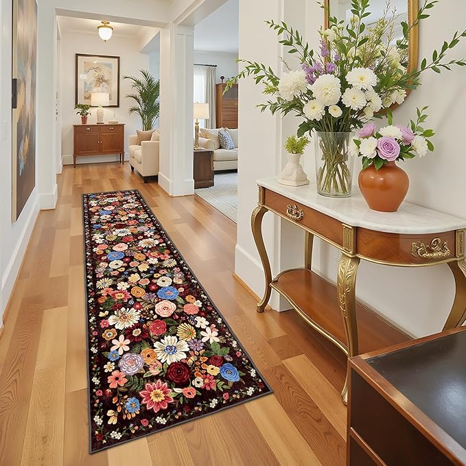 Rug for Hallways Kitchen Rug 2'6" x 14', Non Slip Washable Rugs with Rubber Backing Soft Floral Carpet Runner for Hallways, Kitchen, Laundry, Bedroom, Bathroom(2.6 x 14, Black Garden)