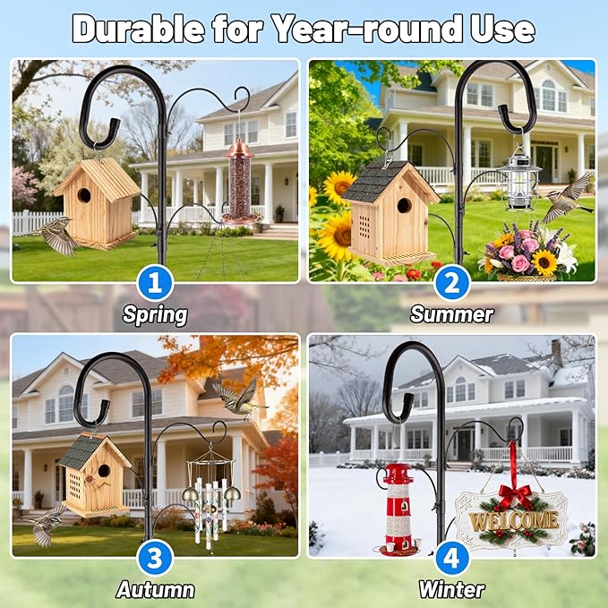 4-Hook Shepards Hooks for Outdoor,Adjustable 92 Inch Bird Feeder Pole with 5 Base Prongs,Garden Planter Stakes Suitable for Garden in Hanging Flower Basket,Lantern,Outdoor Décor