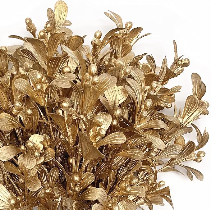 CATTREE Christmas Artificial Flowers, Golden Leaves Branches Plants Fake Berry Plant Decor for Wedding Party Indoor Outdoor DIY Home Office Table Centerpieces Arrangements Decoration - Gold 2 Pack