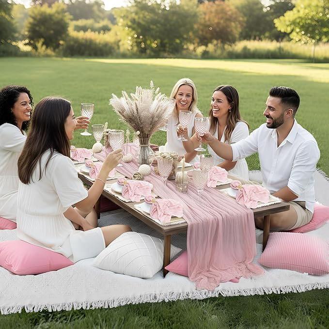 118 x 71" Extra Large Outdoor White Picnic Blankets with Pink Tulle Table Runner Cheesecloth Napkins Plush Throw Pillow Covers Oversize Beach Blanket Essentials for Wedding Picnic Camp(Classic,18)