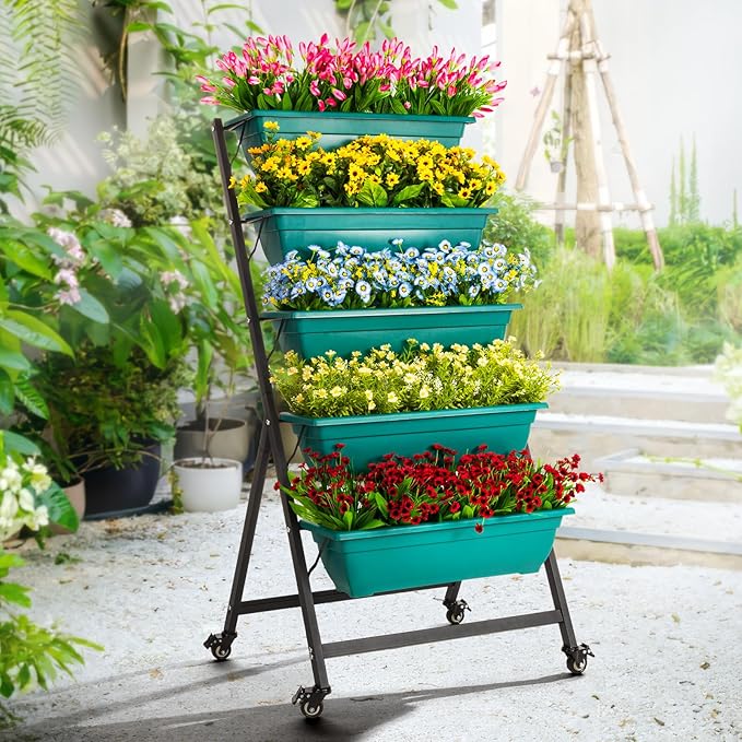 IDZO 5-Tier Vertical Raised Garden Bed with 4 Lockable Caster Wheels, Sturdy Steel Vertical Garden Planter with Efficient Drainage Tray, Ergonomic Ladder Planter with Included Garden Tools, Green