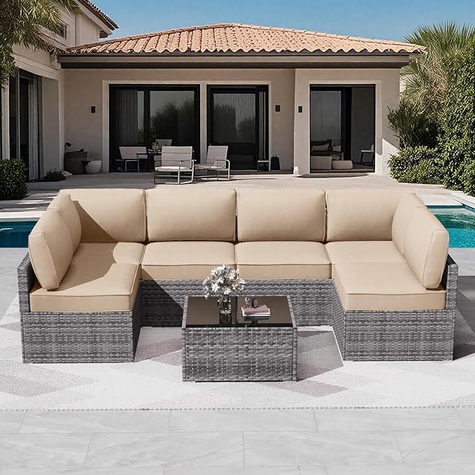 Patio Cushions for Outdoor Furniture,Water-Resistant Outdoor Cushions for 6 Seat Outdoor Sectinal,25.3"×25.3" Deep Seat Sofa Cushions, 14-Piece Outdoor Couch Cushions,Khaki