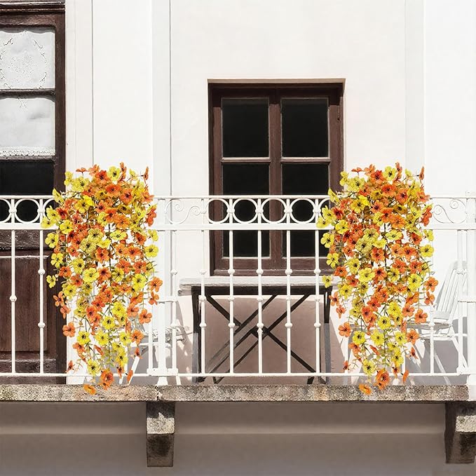 4 Pcs Outdoor Fall Decor, Artificial Mums For Outdoors, Fall Flowers Artificial For Decoration, Fake Mums Faux Mums For Outside Half Sphere, Fake Hanging Plants Plastic Flowers For Outdoors Home Porch