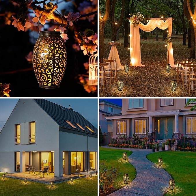 Solar Lanterns Outdoor Waterproof, 2 Pack Solar Garden Lanterns, LED Hanging Lanterns Solar Powered with Handle, Garden Decorative Retro Metal Solar Light for Table Pathway Walkway, Gardening Gifts
