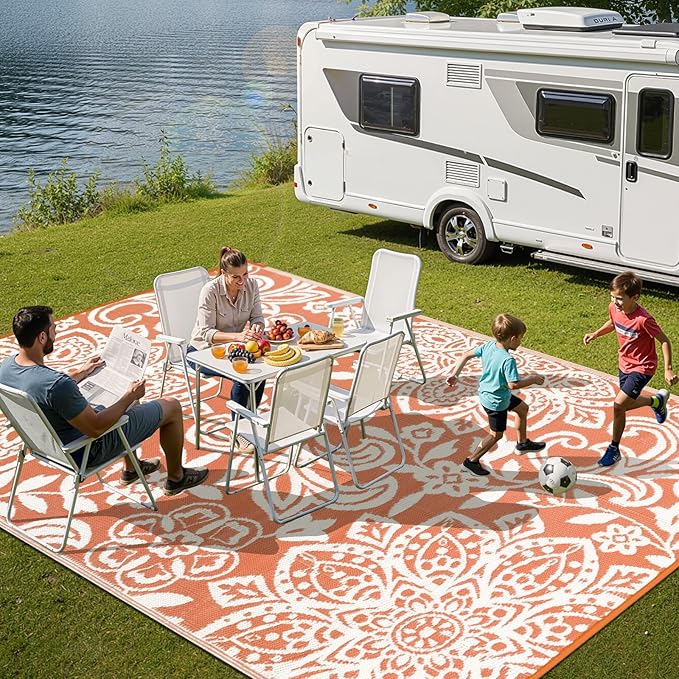 Findosom Waterproof Outdoor Rug 6' x 9' - Reversible Mandala Outdoor Plastic Straw Rug, Durable Foldable Patio Rug for RV, Deck, Balcony, Backyard, Picnic, Porch, Camping, Beach, Orange