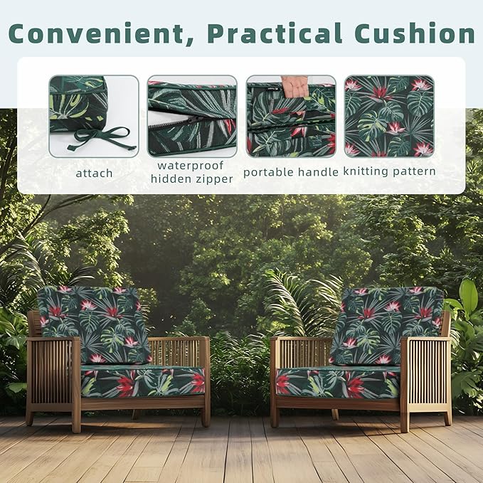 Favoyard Deep Seat Patio Cushion 22 x 22 x 3 in Waterproof Seat & Back Cushion Set with Color Fade Resisitant Pattern, Portable Handle, Attach Straps, Zipper on Removable Cover for Outdoor Furniture