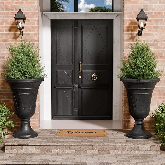 23.6" Tall Plastic Urn Planters for Outdoor Plants, Set of 2 Heavy-Duty Classic Indoor Large Flower Pots with Drainage Holes & Trophy Design, Outdoor Planters for Porch, Home Garden, Black