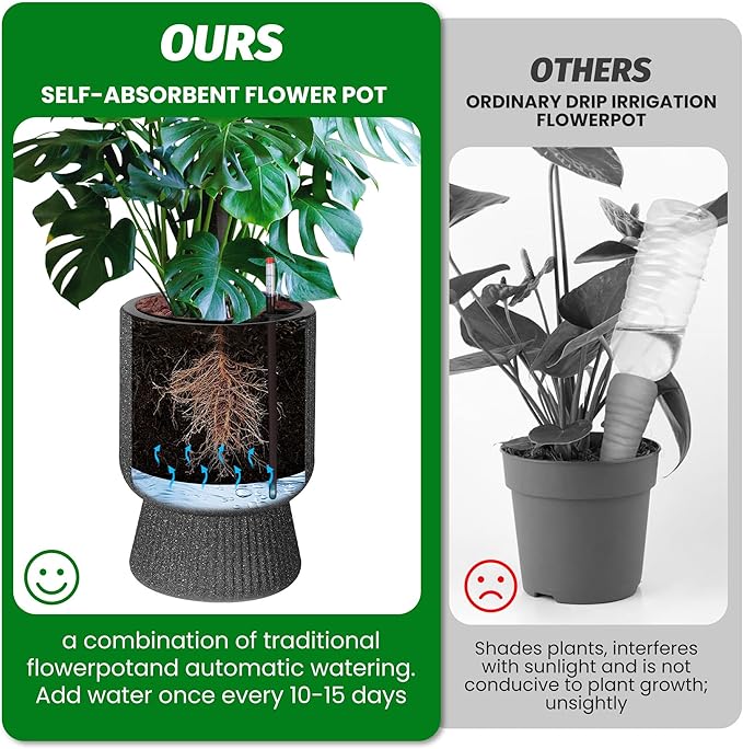 14.2" Tall Planters Set of 2, Large Indoor/Outdoor Self-Watering Plant Pots with Drainage, Water Level Monitor & Wheels, Flower Pots for Patio, Porch, Living Room, Home Office