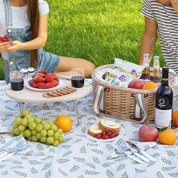 Picnic Basket Set for 2 - Wicker Insulated Picnic Basket with Waterproof Blanket, Folding Wine Picnic Table & Cutlery Kits, Picnic Baskets Kit for Camping, Outdoor, Valentine (Leaf)