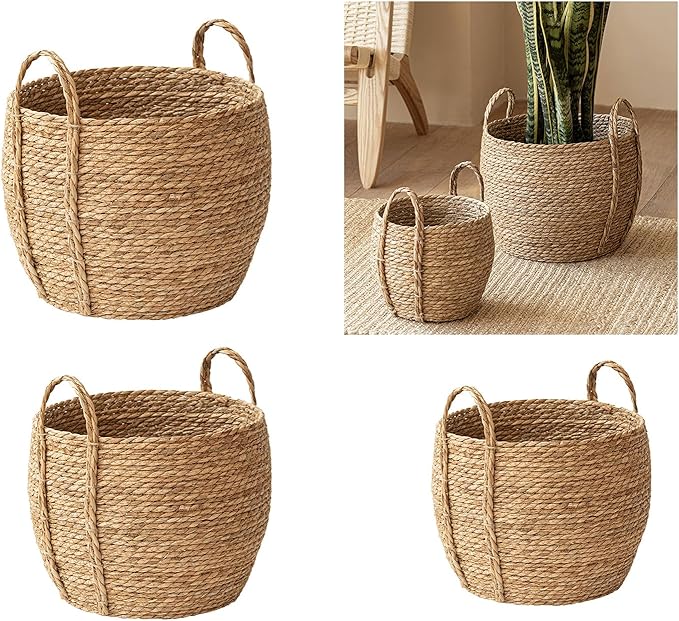 Rattan Grass Woven Flower Basket, Decorative Round Wicker Woven Rope Storage Blanket Basket with Woven Handles,Planter Pot for Living Room,Floor Standing Storage,Balcony Garden Decoration