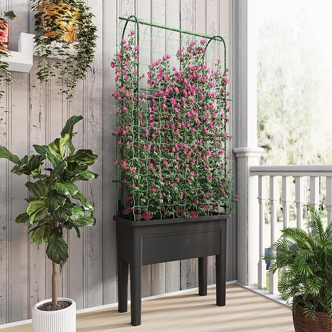 HAPPYGRILL 4-in-1 Raised Garden Bed with Climbing Trellis, Self-Watering Elevated Planter with Water Level Indicator, Drainage Hole, Outdoor Plastic Planter Box with 4 Detachable Legs for Garden Lawn
