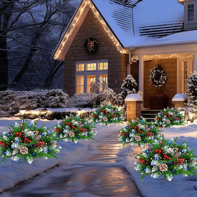2 Pack Christmas Decorations Outdoor - 21" Pre-Lit Outdoor Christmas Tree with Lights, Prelit Planter Bushes with Remote, Christmas Planter Urn Filler for Front Porch Pathway Yard Garden Holiday Decor