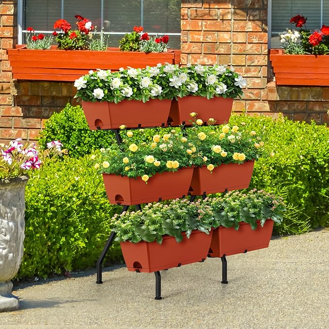 Raised Garden Beds Vertical Garden Planters Indoor Outdoor Standing Raised Planter Box with Legs, Plastic Raised Bed Tiered Planter Boxes Elevated Herb Flower Beds for Vegetables, Balcony, Patio, Red