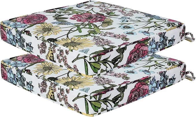 Outdoor Chair Cushions 18x18 Inch,Set of 2,Water Resistant Chair Pads with Ties,Square Seat Cushion 18"x18"x2.5",Patio Chair Cushion for Garden,Backyard Furniture(Butterfly Flower)