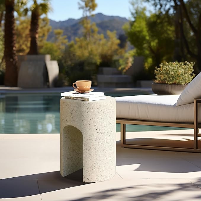 LuxenHome Outdoor Side Table, 18 inch Mod Cream Cement Round with U-Shape Side Table Small Accent Decorative Stool for Garden,Patio, Indoor and Outdoor