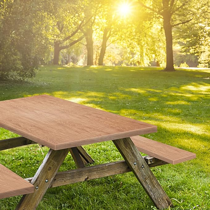 KENOBEE 8ft Picnic Table and Bench Cover, Camping Essentials RV Gear, 96 in Waterproof Windproof Outdoor Elastic All Around Tablecloth, Fitted Rectangle Tables and Seats, Wood Grain