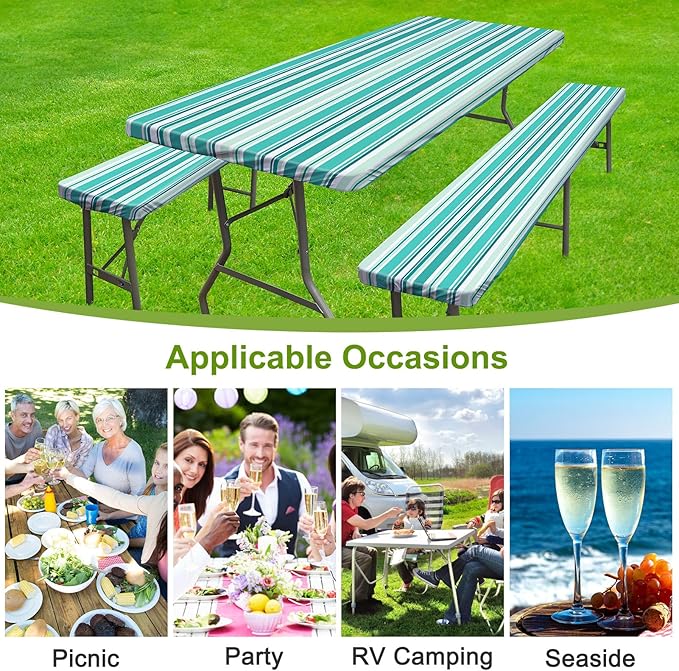 ICOSY Picnic Table Cover with Bench Covers 30 x 72 inch, Windproof Camping Essentials Table Cloths Fitted Rectangle Tablecloth for 6 Foot Tables, Camping Gifts Accessories for RV Campers