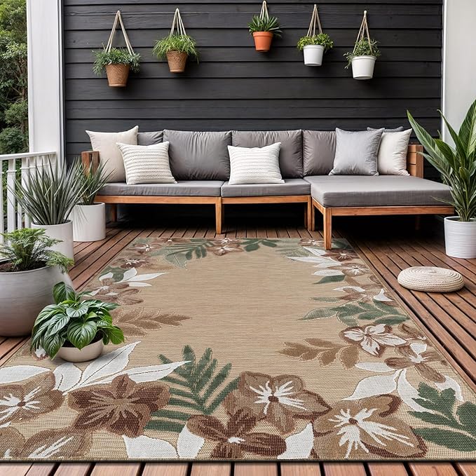 Outdoor Rug 6x9 Washable Area Rugs Indoor Outdoor Carpets Beige Border Floral Non Shedding Waterproof Easy Clean Patio Deck Porch Living Room Bedroom Garden RV (6 X 9 Beige)