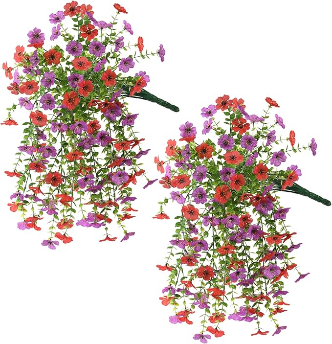 Artificial Hanging Flowers for Outdoors Spring Decoration, 2PCS Silk Fake Daisy Realistic Fake Outdoor Flowers UV Resistant Porch Patio Window Yard Decor(Purple Red)