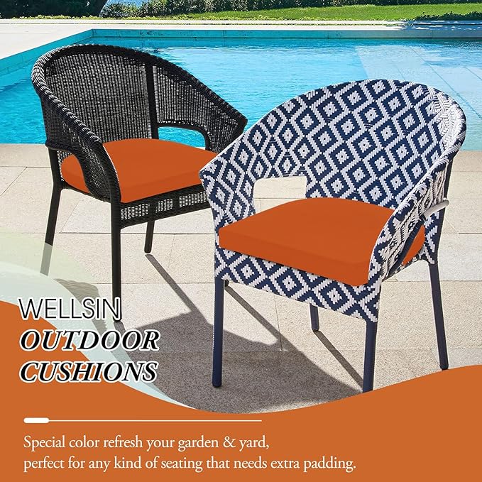 Wellsin Outdoor Chair Cushions for Patio Furniture, 3-Year Color Fastness Patio Chair Cushions Set of 4, Water Resistant Round Corner Outdoor Seat Cushions 17"X16"X2", Orange