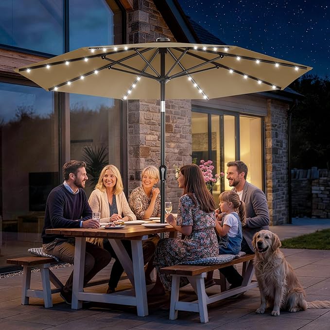 AreShark 9FT Patio Umbrella with Solar Lights, 32 LED Lighted Pool Umbrella w/Tilt and Crank, Outdoor Market Solar Umbrellas for Garden, Deck, Backyard, Pool and Beach, Khaki