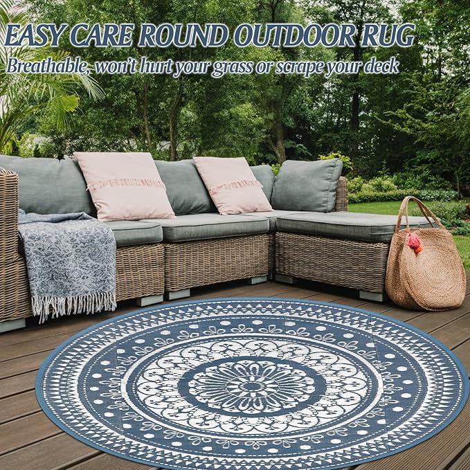 Cekene Round Outdoor Patio Rugs 6Ft Waterproof Reversible Outdoor Rugs with Carry Bags Lightweight Plastic Straw Rugs Portable RV Camping Mat Blue Floor Carpet for Deck Porch Picnic BBQ