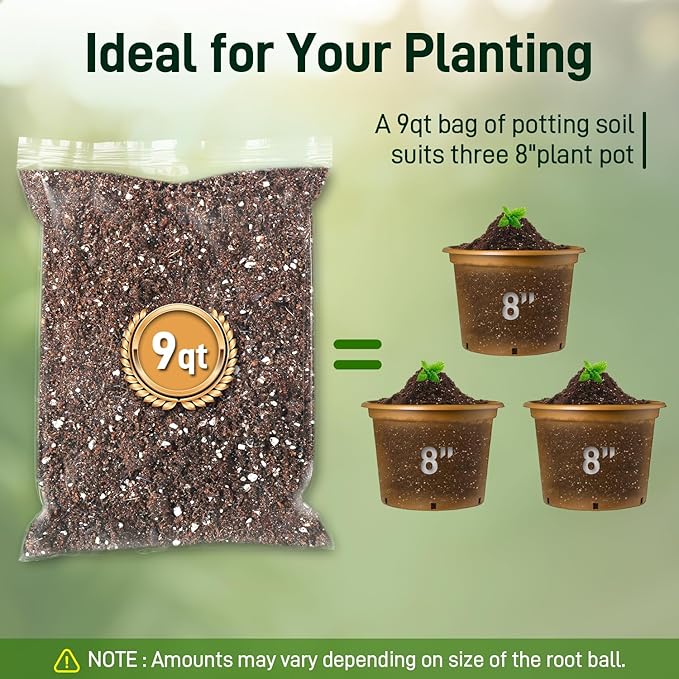 9QT Potting Soil Mix for Indoor Plants - Contains Perlite, Peat Moss, Coco Coir & Rice Charcoal, Natural & Organic Material with Well-Draining, Light & Aerated Texture for Healthy Roots & Fast Growth