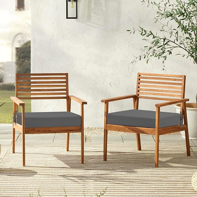 downluxe Outdoor Chair Cushions Set of 2 for Patio Furniture, Water-Resistant Square Corner Patio Chair Cushions with Ties, High Density Foam Outdoor Seat Cushion, 18.5" X 16" X 3", Dark Grey
