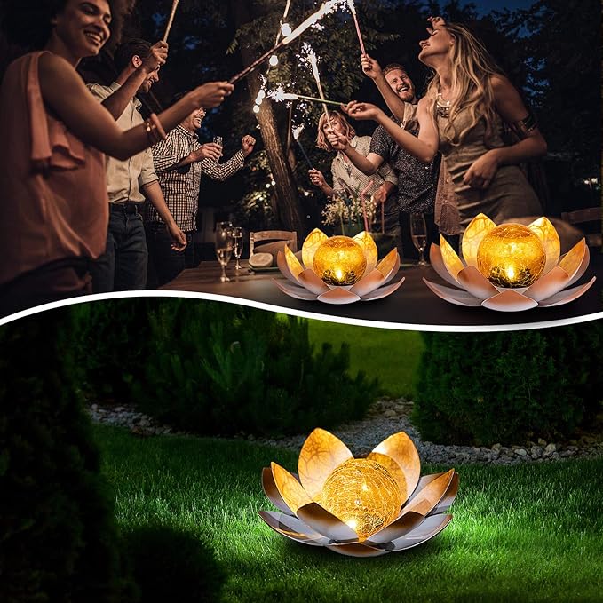 Garden Solar Lights Outdoor(2Pack), Amber Crackle Globe Glass Lotus Decoration, Waterproof Orange Metal LED Flower Lights for Patio,Lawn,Walkway,Tabletop,Ground, Garden Gifts for Women