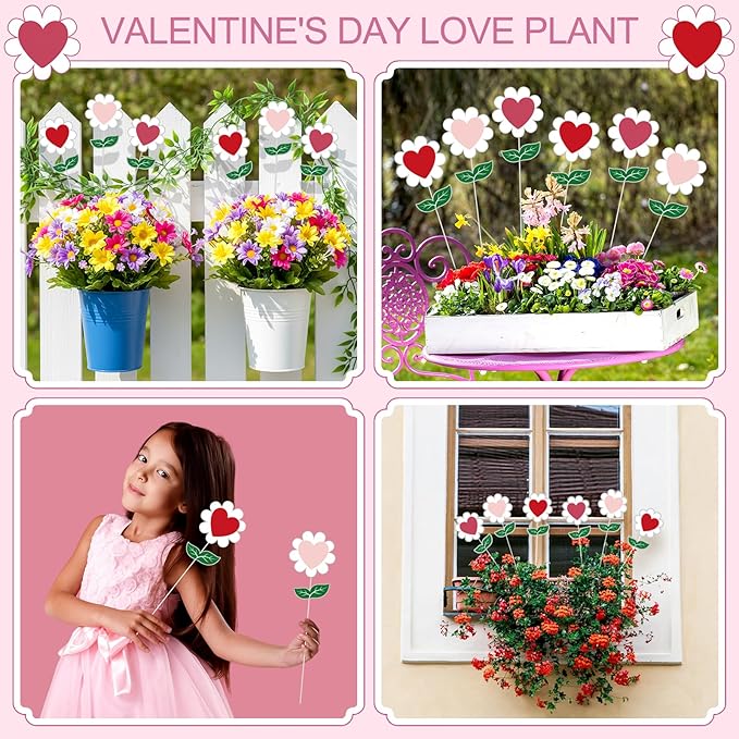 BreezeHug 6 Pcs Valentine's Day Heart Shaped Flower Planter Stakes Outdoor Garden Stakes Sign Valentine Flower Stick Pink Red Decorative for Yard Patio Lawn Decor (Solid Color)