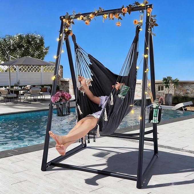 Hammock Chair Hanging Rope Swing & Stand Set with Two Holders, Heavy Duty Hanging Stand with Three Hooks, Multi-Use for Indoor Outdoor Patio Yard Garden(Black & Black)