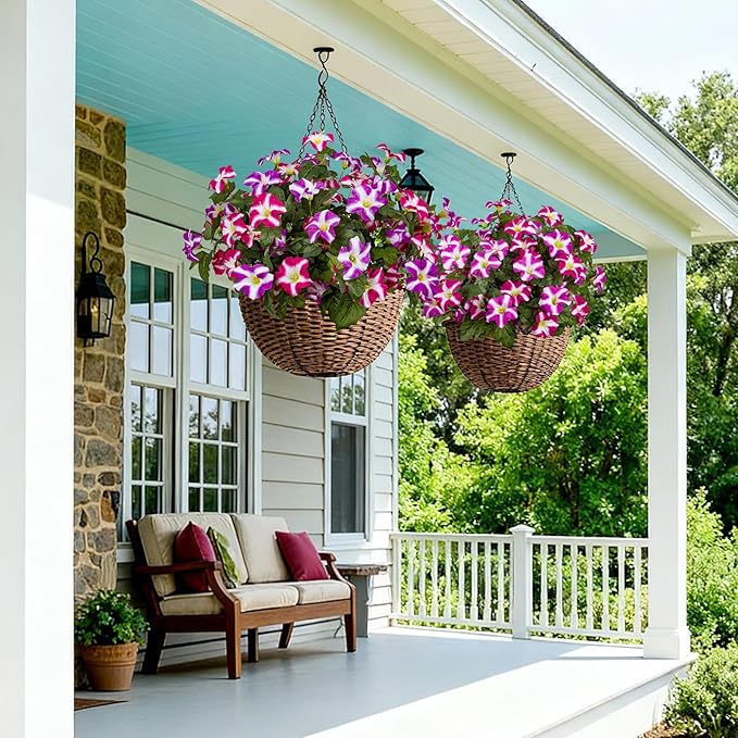 19 Inch Artificial Fake Flowers for Outdoor,4 Pcs Faux Silk Petunias Spring Flowers for Outside for Indoor Porch Planter Front Door Garden Patio Window Box Home Decor(Double Red Lotus)