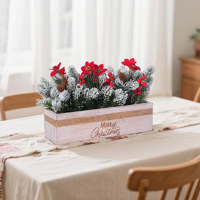 SVENJBB Christmas Table Centerpiece Decorations with Red Poinsettias, Snowy Norfolk Pine, Berries & Pine Cones in Wooden Box with “Merry-Christmas” Printing