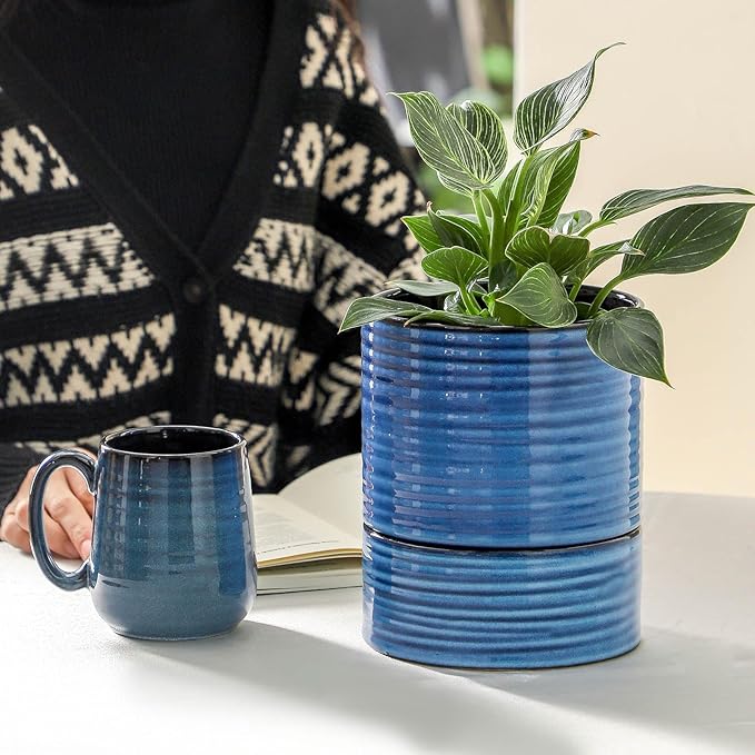 HASENSE Ceramic Self Watering Pots for Indoor Plant, 6 Inch Planter with Drainage Hole & Water Storage Saucer for Indoor & Outdoor Plants, Reactive Glaze Blue