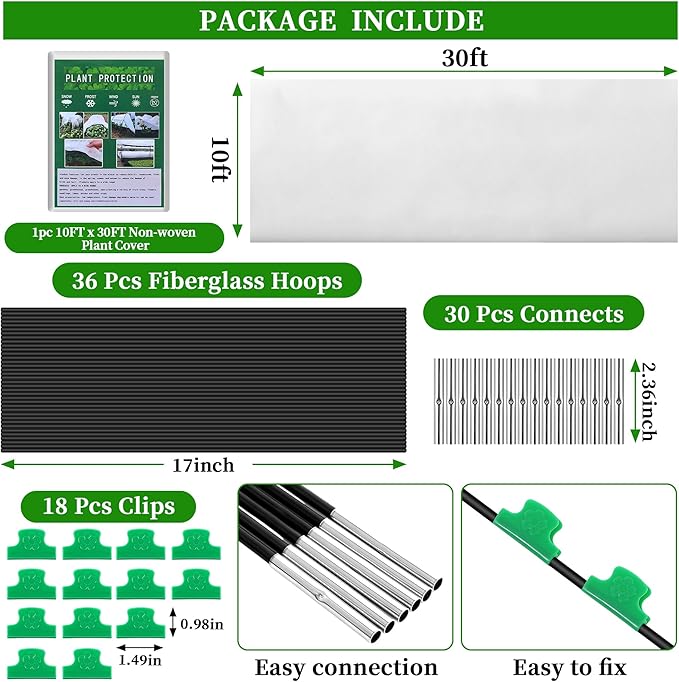 Plant Covers Freeze Protection Kit, 10 x 30 FT 1.23 Oz/yd² Frost Blanket Garden Hoops Kit for Winter, 36 Hoop, Reusable Greenhouse Bed Covers Tunnel, Snow Pest Protection for Outdoor Plant Raised Bed